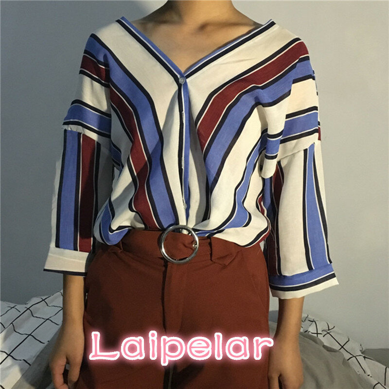 Laipelar 2019 夏のファッションの女性シャツカジュアル v ネックストライププリントバット袖ブラウス 3/4 トップス