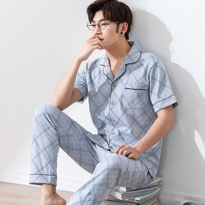 Conjunto de pijama de algodão de manga curta masculino, conjunto de pijamas masculinos, estampas xadrez finas, pijamas casuais, verão 2022