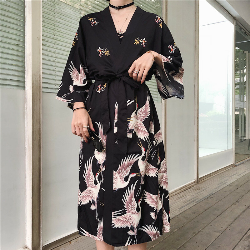 Женские топы и блузки в стиле Харадзюку, длинное кимоно с принтом лебедя, рубашка на завязках с поясом, пикантный пляжный кардиган, Корейская одежда в стиле девушки Мори