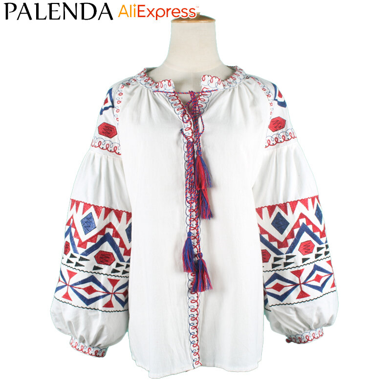 new arrive autumn shirt top blouses women leisure bohemian embroidery vyshyvanka lantern sleeve wide fit loose size