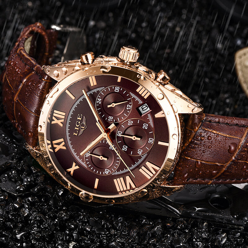Часы наручные LIGE Мужские кварцевые, брендовые Роскошные водонепроницаемые спортивные с коричневым кожаным ремешком, с 24-часовым циферблатом, с датой, 2023