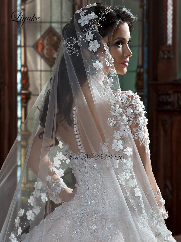 Liyuke vestido de baile de luxo com decote completo, vestido de casamento com saia barril elegante, princesa