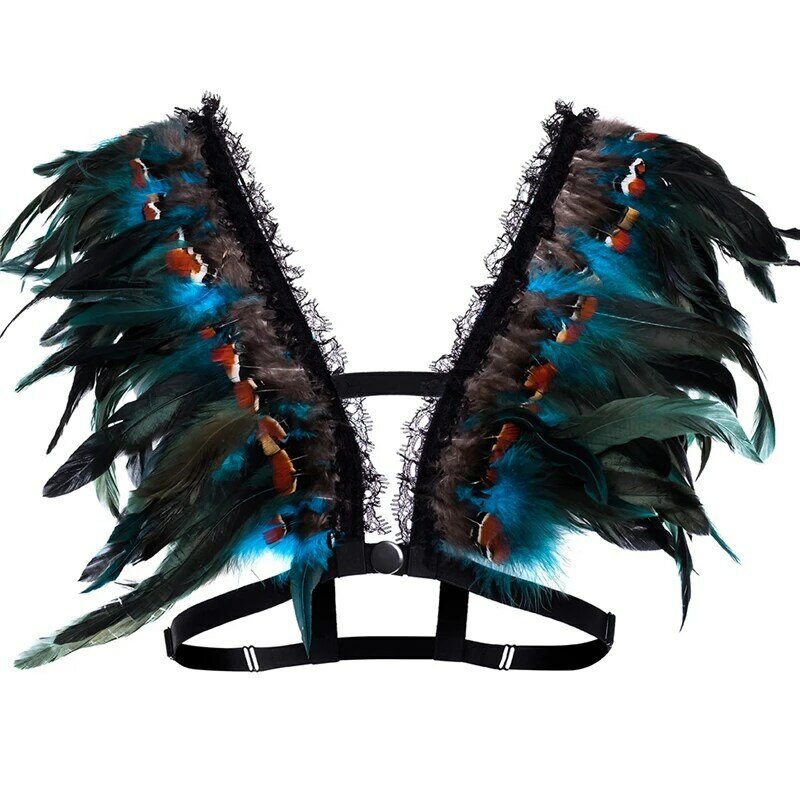 Color Feather Epaulettes Bra Bondage Shoulder Wings BurningMan Festival Dance Rave Wear Steampunk Goth Body Harness Lingerie