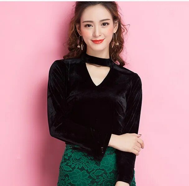 Darmowa wysyłka 2018 Sexy moda Plus rozmiar S-10XL z dekoltem w kształcie litery v aksamitne z długim rękawem czarny dostosowane kobiety Slim topy wiosna jesień koszulki