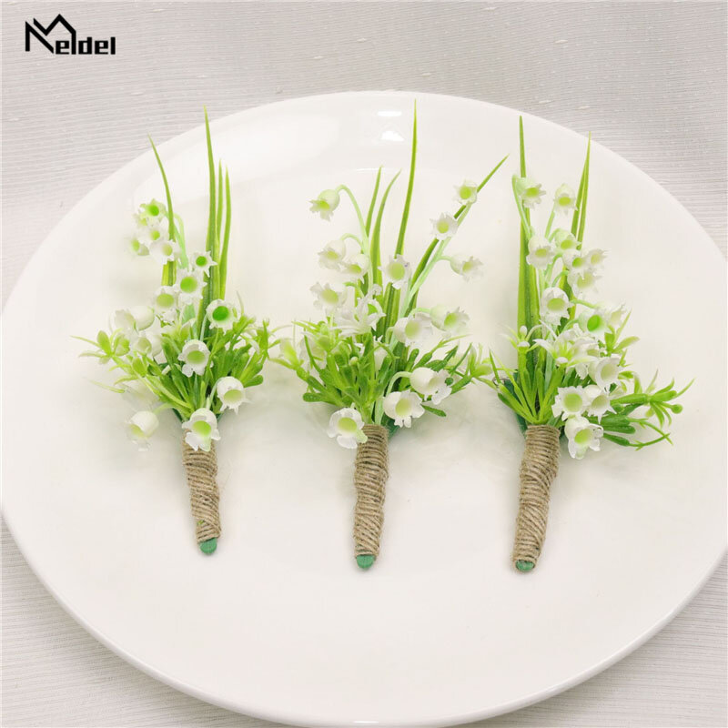 Meldel Corsage Groom Boutonniere Men Orchid Pin White Green Artificial Convallaria Flowers Lily Of The Valley Wedding Supplies