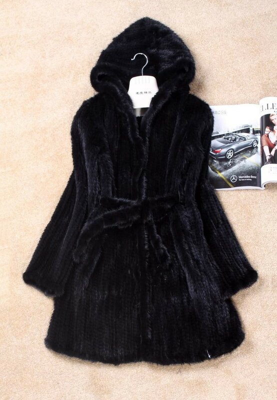 진품 자연 정품 니트 밍크 모피 코트 여성용, 손으로 만든 긴 니트 아웃웨어 재킷, 후드 벨트 포함, 패션, 겨울