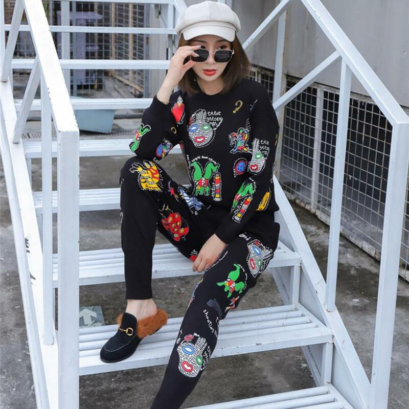 여성 패션 만화 패턴 자수 스웨터 + 니트 연필 바지, 따뜻한 니트 모직 정장, 2 피스 세트, wq2398