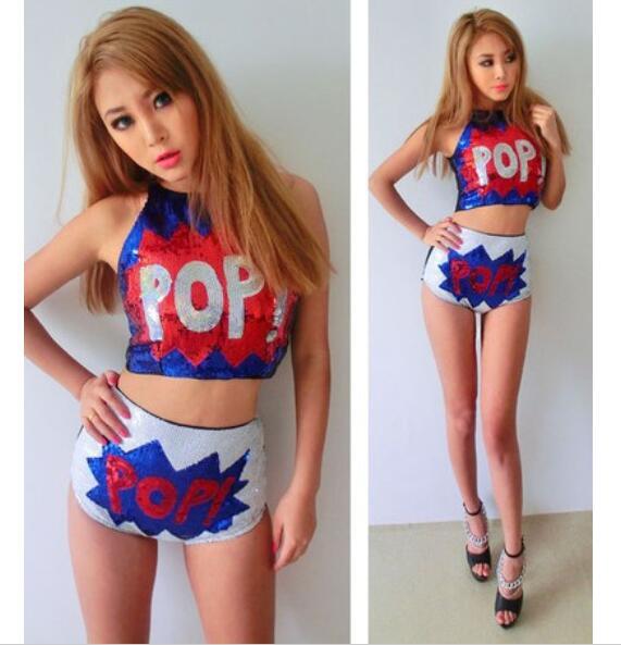 sexy women hip-hop club dance sing costume sequined POP 2 piece set, crop tops vest tank with hot shorts suits