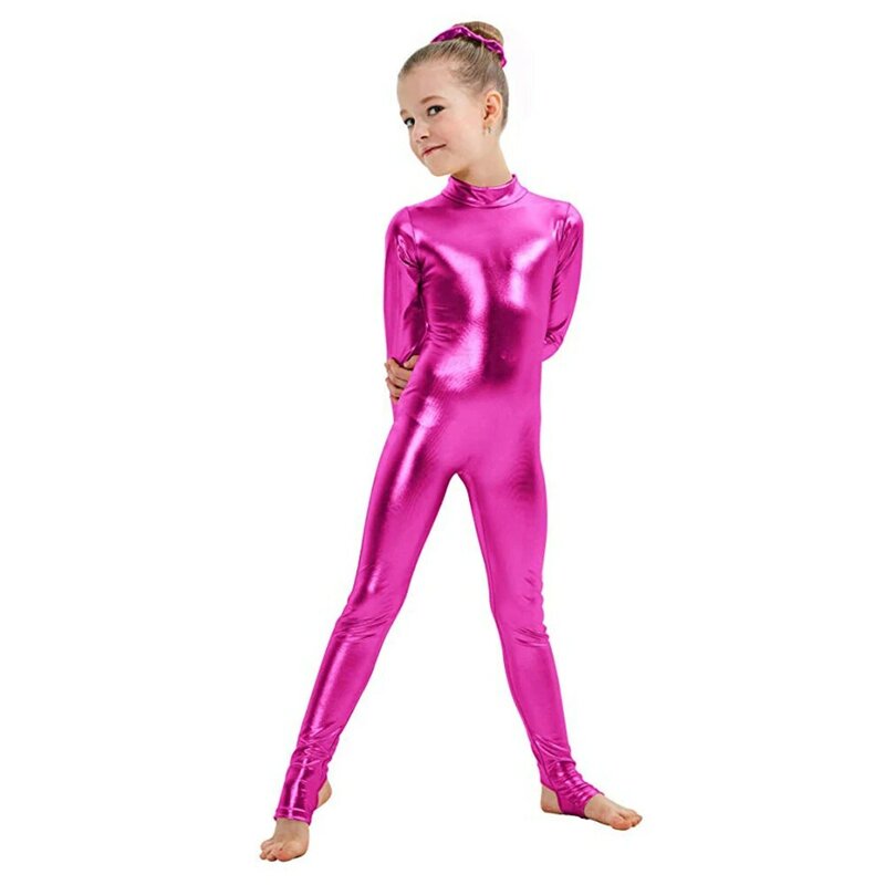AOYLISEY dziewczęce z długim rękawem błyszczące metaliczne strzemię Unitard taniec całego ciała kombinezon gimnastyczny dla malucha kostium na Halloween