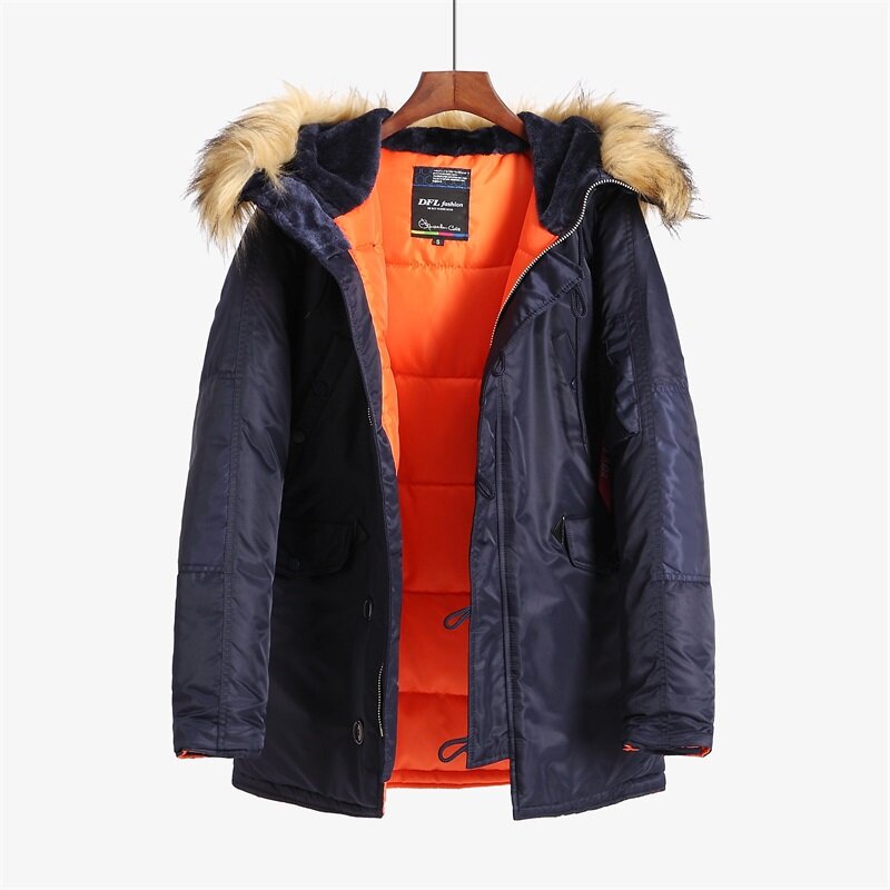 ALASKA 남성용 모피 후드 코트, 슬림핏, 두꺼운 파카 패딩, 추운 날씨용 밀리터리 재킷, N-3B 겨울