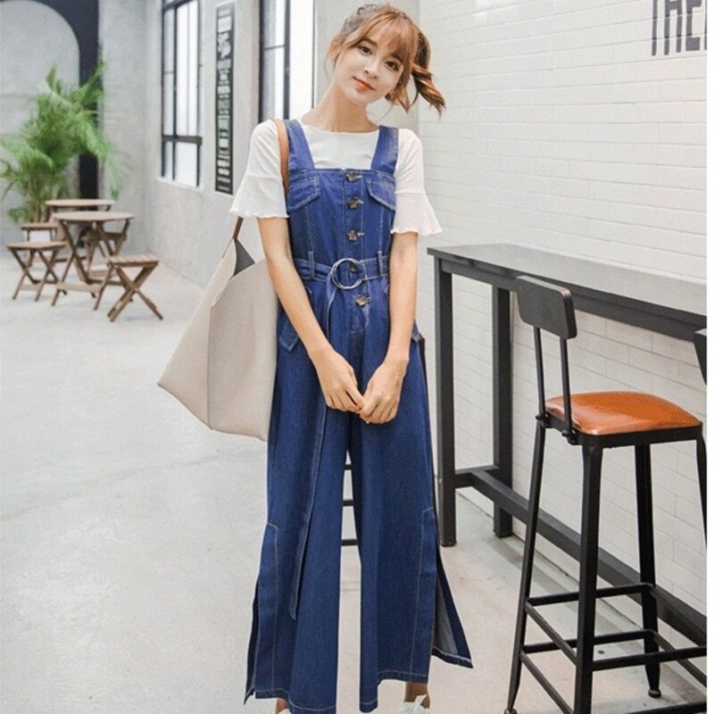 Jumpsuits women 2018 solid wide leg overalls for woman elegant ankle-length pants high waist belted loose jumpsuit DD571 L