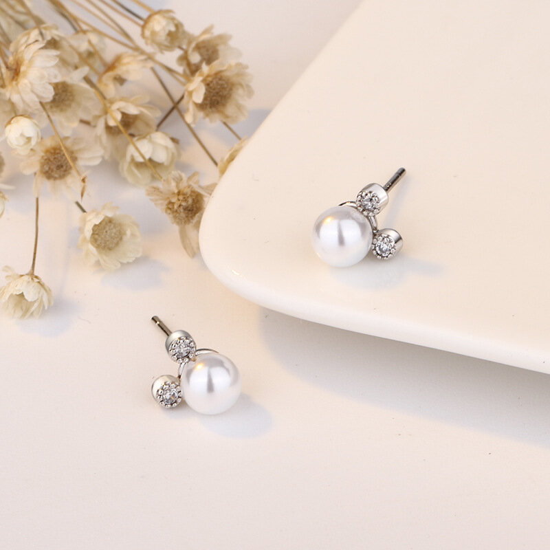 FENGLI Pearl Tiny Mickey Stud Earrings Romantic Mouse Earring for Women Crystal Zircon Studs Ear Jewelry Lucky Prevent Allergy