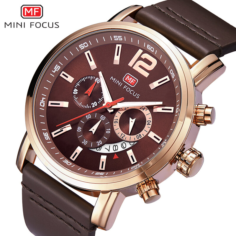 Minifocus relógio masculino de couro, relógio impermeável esportivo de marca luxuosa de pulso quartzo para negócios