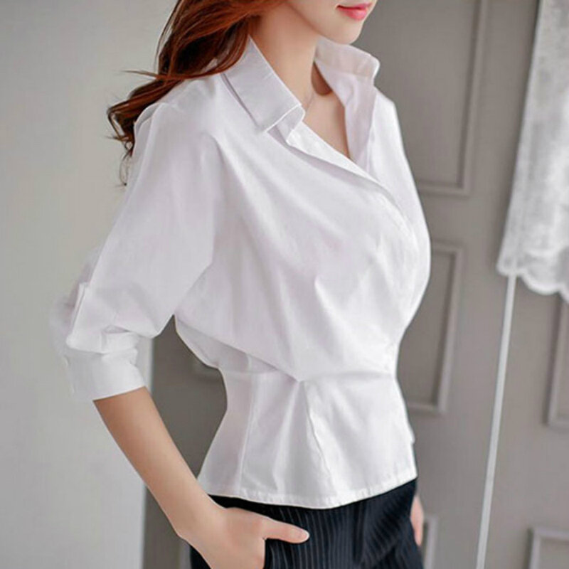 Женская офисная блузка с длинным рукавом, белая шифоновая блузка с отложным воротником, Повседневная Блузка для работы размера плюс, 2019