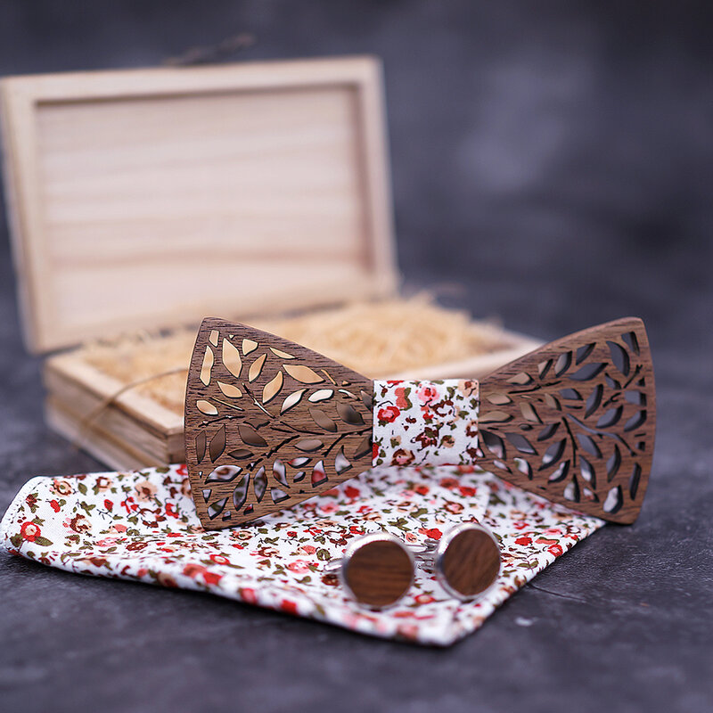 Mahoosive-pañuelos hechos a mano para hombre, corbatín de madera y gemelos, pajarita preatada para fiesta de boda, caja de regalo de madera