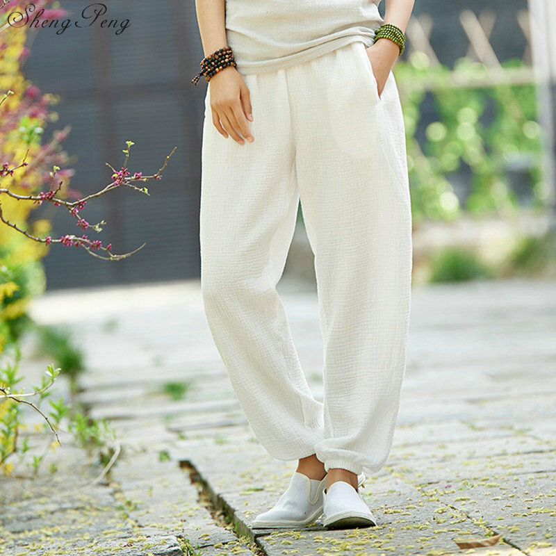 Pantalones bombachos de lino y algodón con cintura elástica para mujer, pantalón informal liso, diseño novedoso, Q799