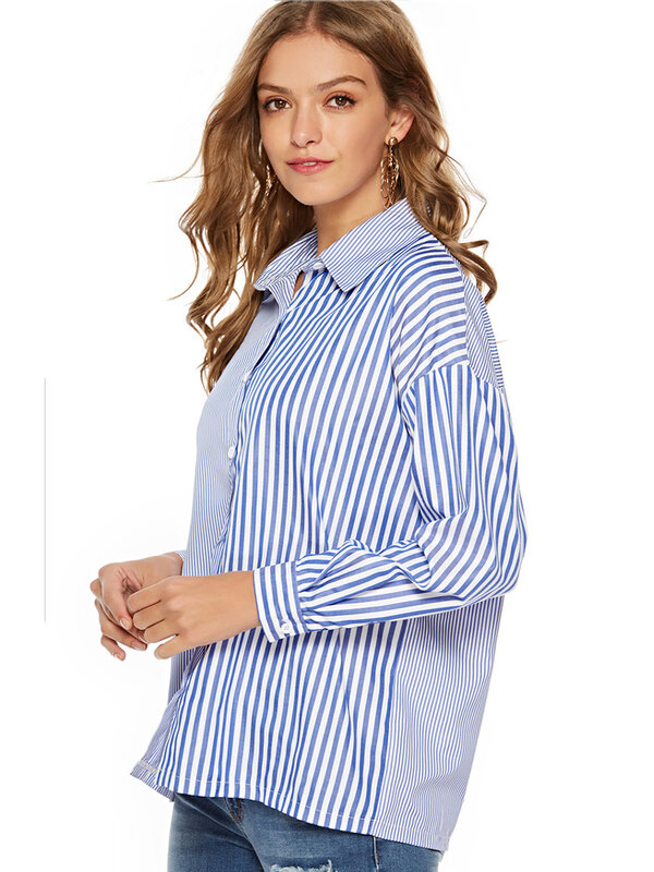 Женские блузки 2019, модная свободная полосатая блузка с длинным рукавом и отложным воротником, повседневные топы, женские блузки