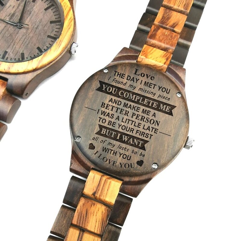 To przybyłeś-jesteś brakującym kawałkiem grawerowany drewniany zegarek moda Casual sport drewniane zegarki urodziny prezenty na rocznicę