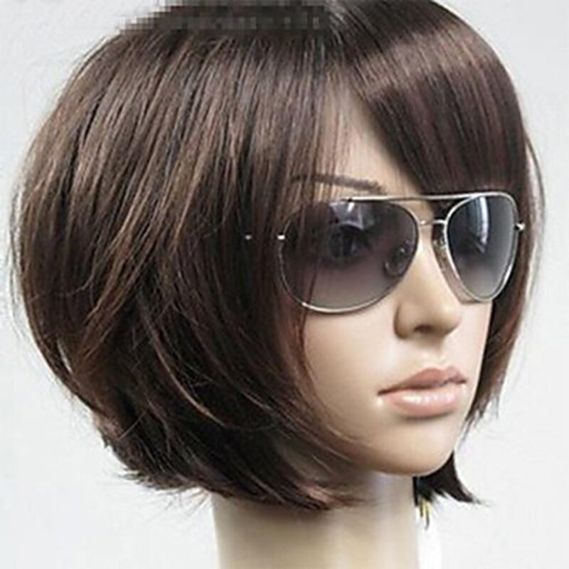 HAIRJOY-شعر مستعار اصطناعي قصير مستقيم للنساء ، بانج جانبي ، شعر بني رائج