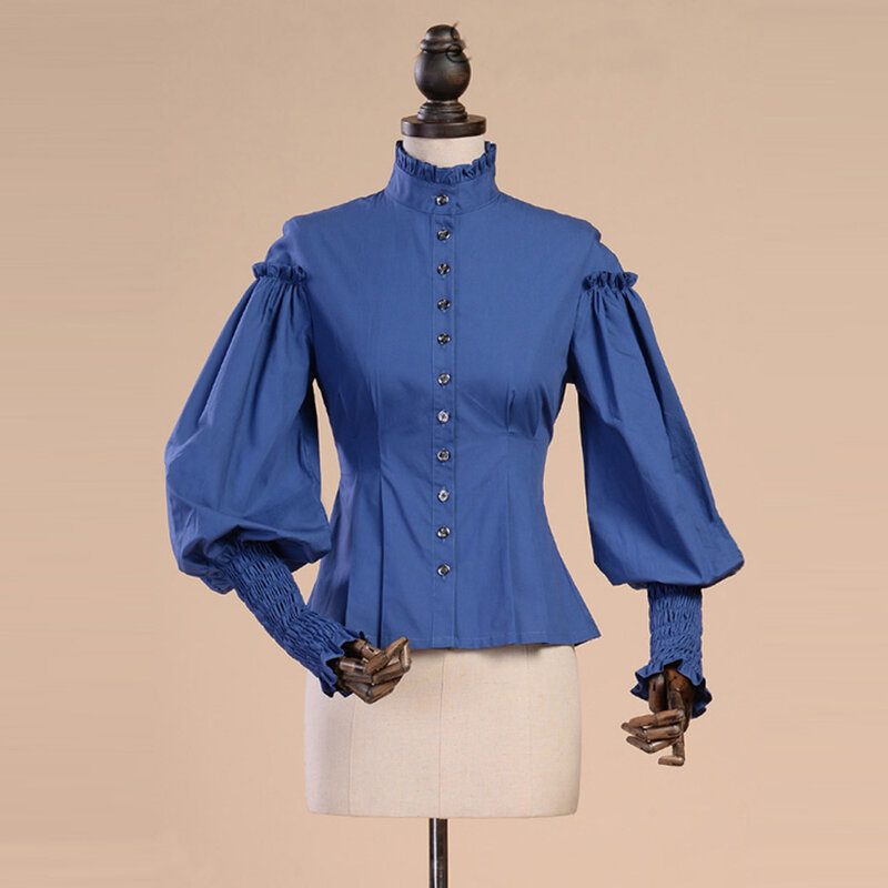 New Spring Summer Women Prom Cotton Shirt Leg of Mutton Sleeve Vintage Gothic Blouse female Casual Slim White Blue Shirts