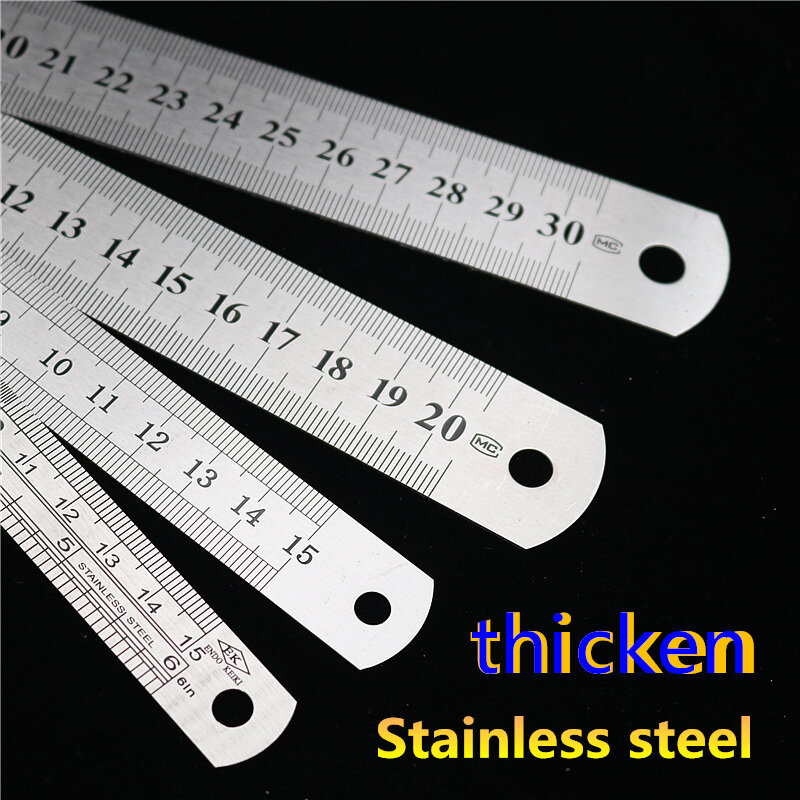 Régua reta para costura de pés de 15 a 30cm, régua reta de metal em aço inoxidável, ferramenta de precisão de medição de dois lados