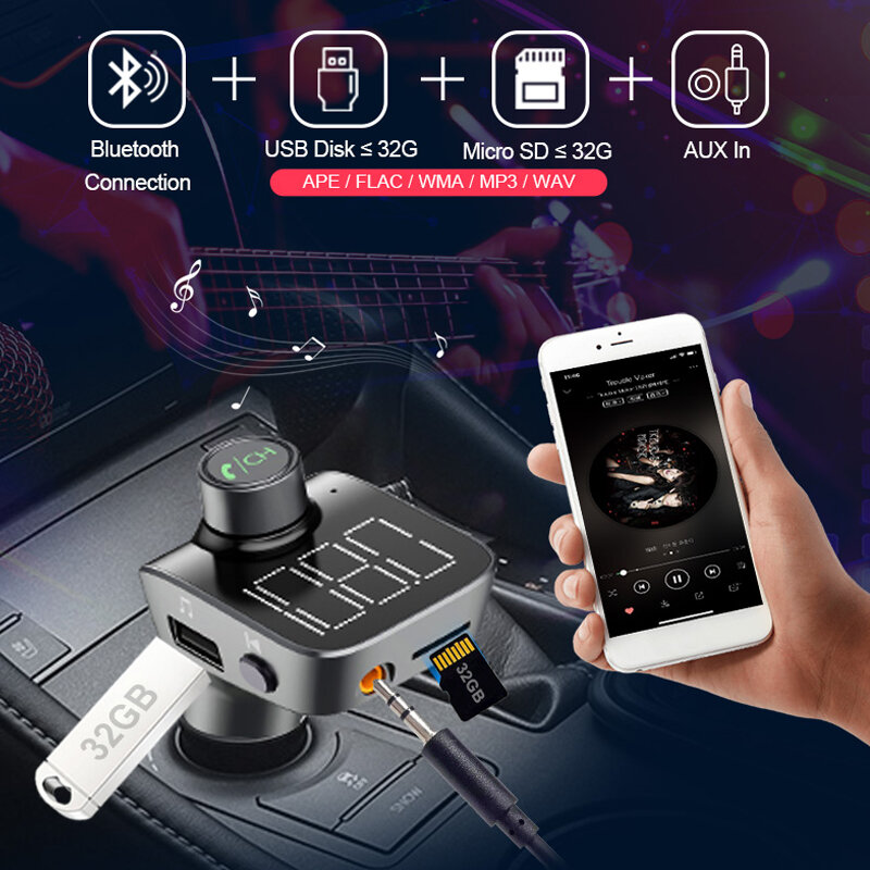ANLUD Bluetooth 5.0 Transmissor FM Sem Fio Bluetooth Car Kit Car MP3 Jogador Screen Display Original Aux Modulador Handfree