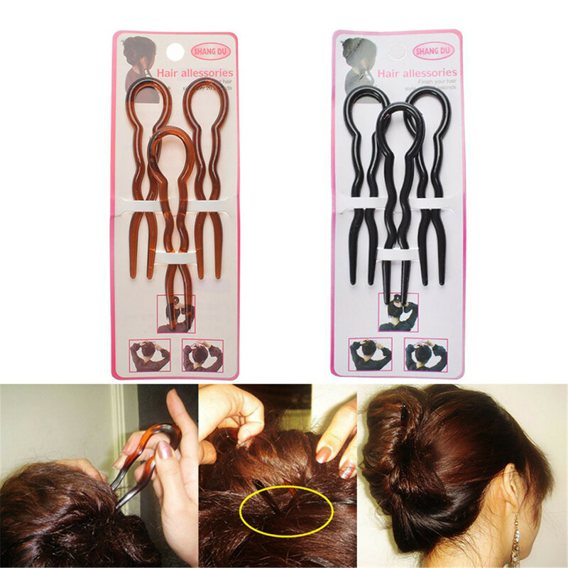 Pinos e clipes de cabelo em forma de U para mulheres, apertos de plástico, garfos simples convenientes, toe redondo, ferramenta mágica, conjunto 3 peças