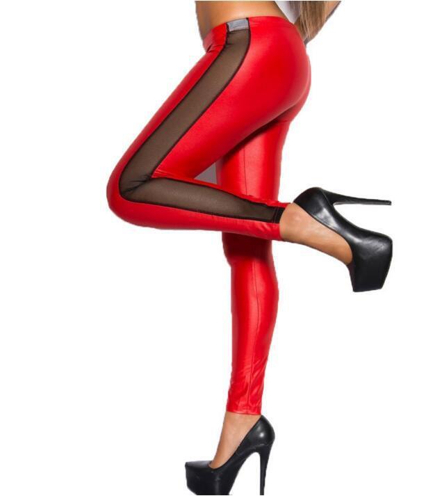 Woman Jeggings Sexy side mesh through meat imitation Imitation leather stitching leggings Woman Jeggings L1090