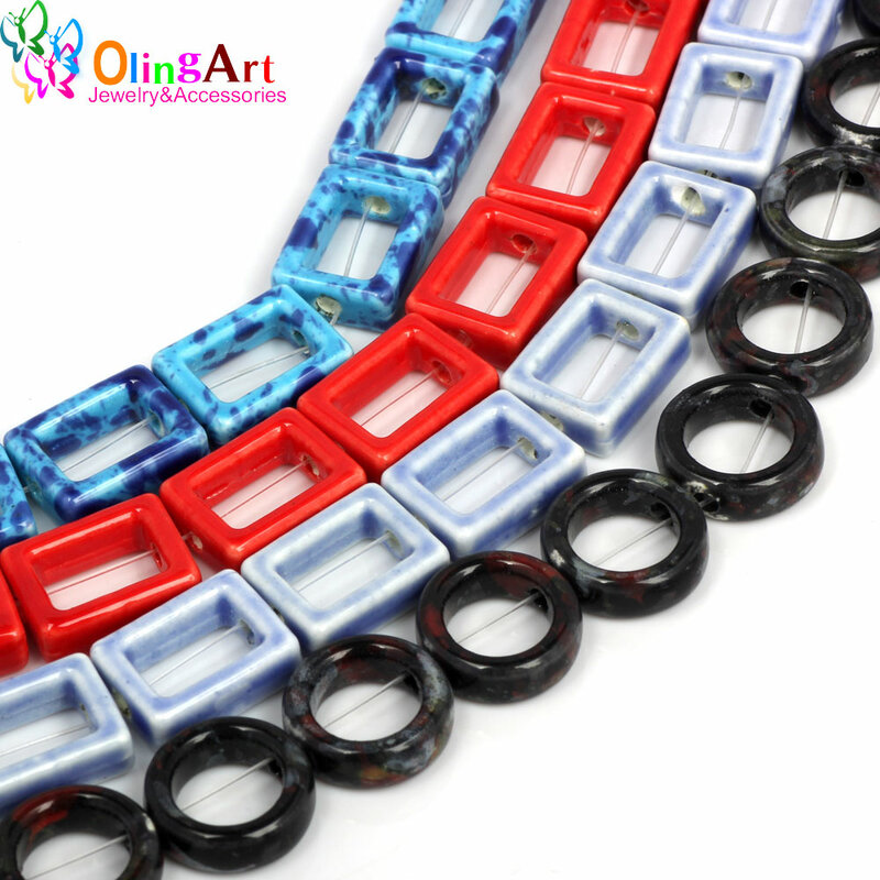 OlingArt-cierres de cuero cuadrados de cerámica para fabricación de joyas, cuentas de doble agujero, mezcla Multicolor, 16mm, 12 unids/lote, gran oferta