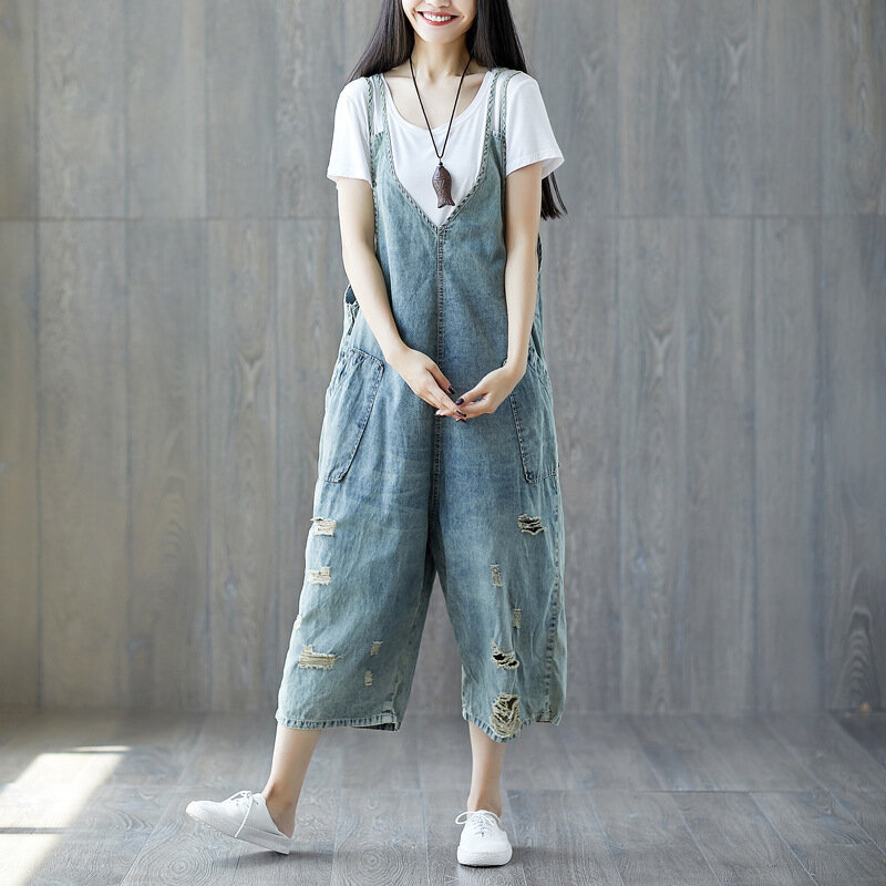 Macacão feminino fino branqueado, macacão jeans rasgado de pernas largas tamanho grande com zíper de virilha industrial 2018