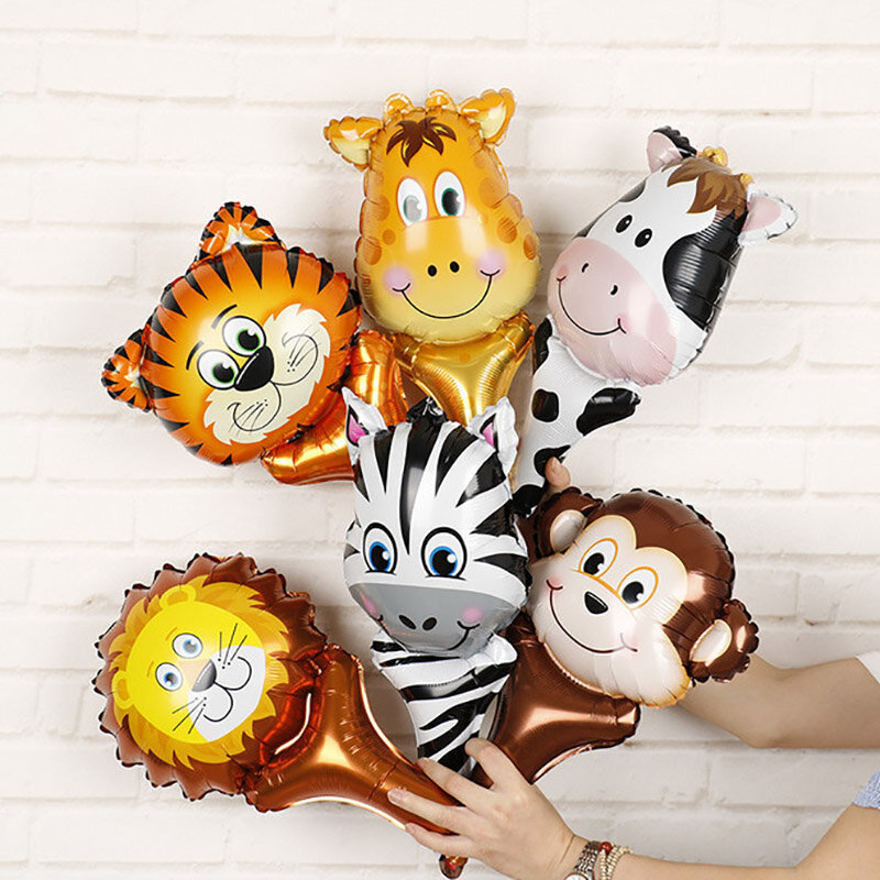 6pcs Handheld Animal Head Foil Balloons Tiger Lion Inflatable Air Balloon Jungle Party Decoration Kid Toys Birthday Party Decor
