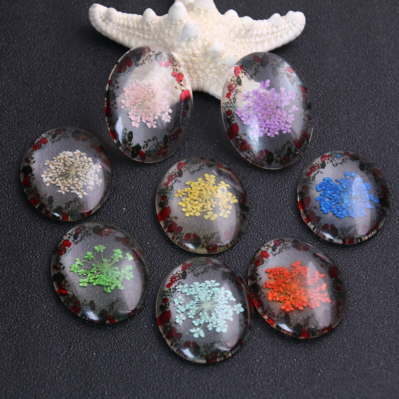 2pcs 30*40mm Mixed Natural Dried Flowers Handmade Glass oval Cabochons Fit Earring Hooks bracelet Cameo Setting