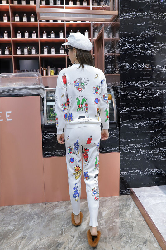 여성 패션 만화 패턴 자수 스웨터 + 니트 연필 바지, 따뜻한 니트 모직 정장, 2 피스 세트, wq2398