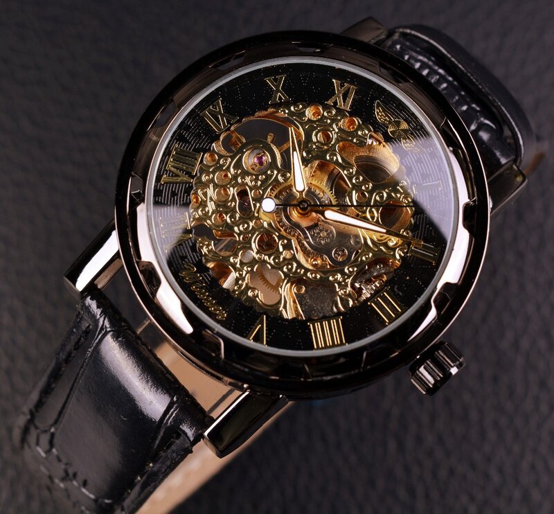 Gewinner Schwarz Gold Männliche Uhr Männer Relogios Skelett Herren Uhren Top Brand Luxus Montre Leder Armbanduhr Männer Mechanische Uhr