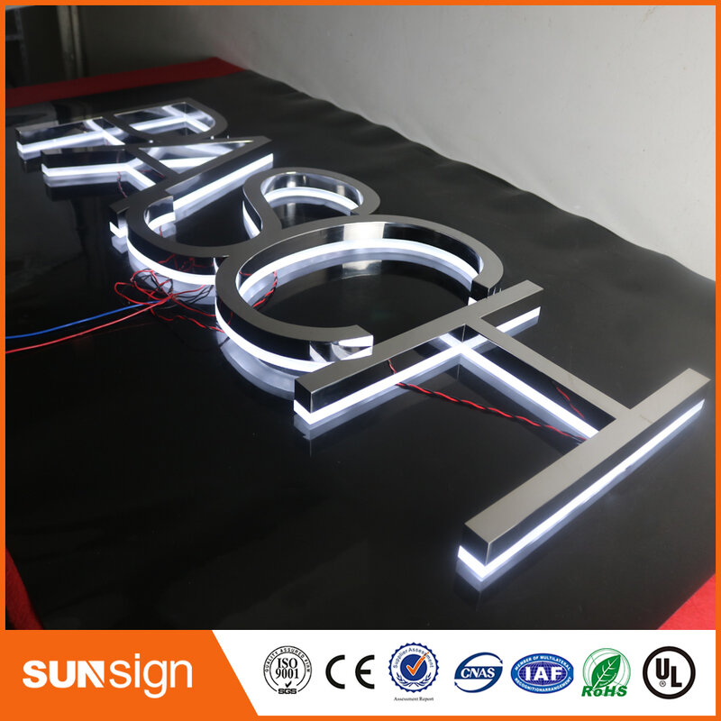Warna Emas Backlit huruf logo tanda stainless steel signage huruf LED 3D diterangi huruf tanda untuk outdoor Advertising