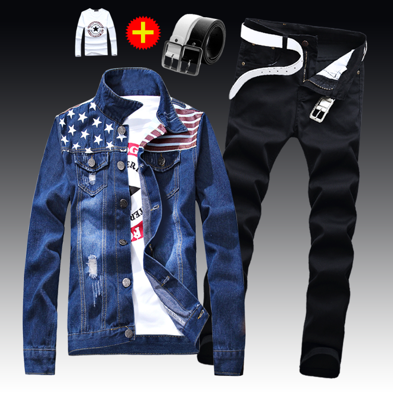 Frühling Herbst Mens Slim Fit Denim Jacke Hosen Langarm Mantel Casual 2 Stück Set Tasten Vorne