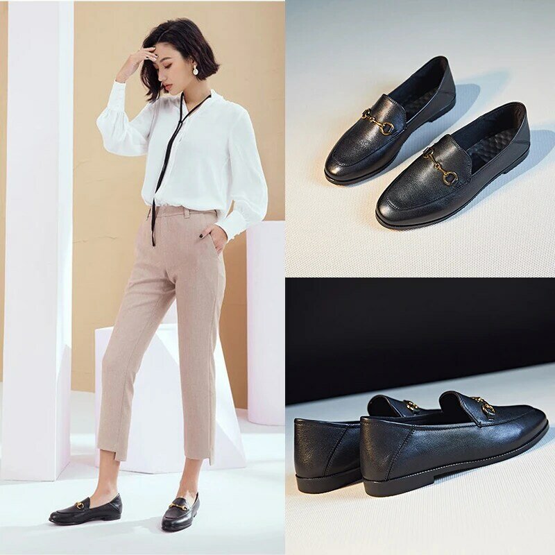 Dumoo Brand 2019 Shoes Women Loafers Cow Leather Flats Basic Metal Decoration Fashion Ladies Loafers Genuine Leather Women Shoes