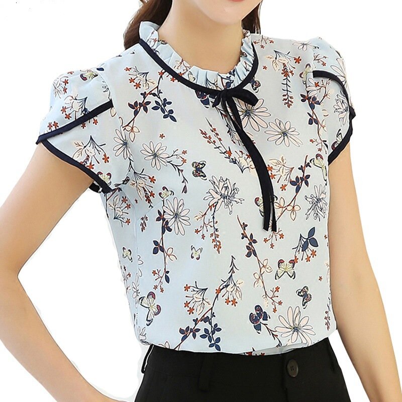 여성 짧은 소매 인쇄 쉬폰 셔츠 여름 대형 여성 나비 매듭 탑 여성 레저 패션 블라우스 셔츠 H9058