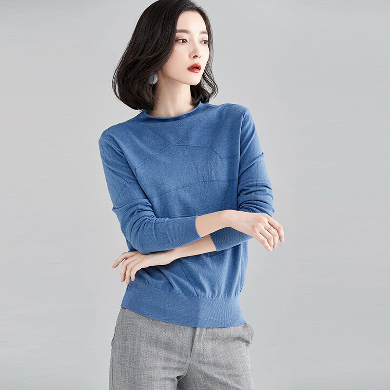 가을 겨울 풀 오버 새로운 슬림 솔리드 컬러 캐주얼 패션 스웨터 여성 라운드 칼라 긴 소매 우아한 스웨터 의류 h9380