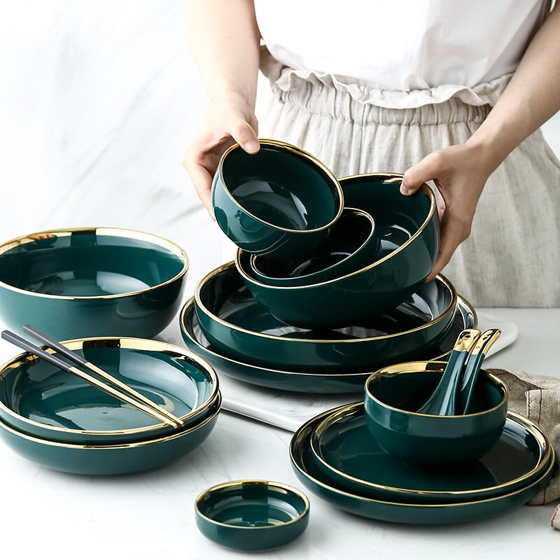 Зеленая керамическая тарелка с золотой инкрустацией, тарелка для стейка, столовая посуда в скандинавском стиле, миска Ins, столовое блюдо, вы...