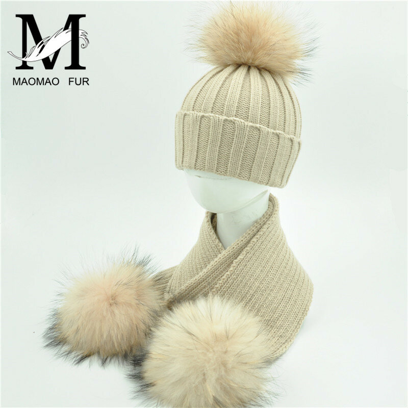 Jxwatcher-Conjunto chapéu e cachecol para mãe e filho, pompom de pele de guaxinim real, Gorros de malha, moda inverno, alta qualidade, novo