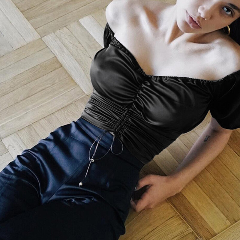 Tops y blusas de manga corta para mujer, Top corto de talla grande elegante, camisas sexys sin tirantes, color negro XL, novedad de 2019