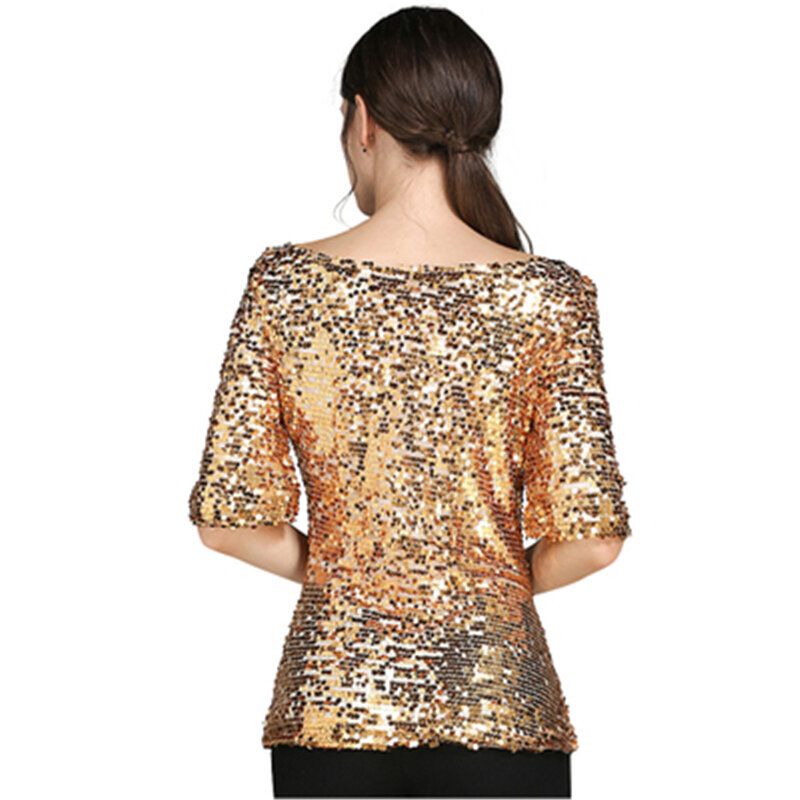 Женские блузки, летние модные сексуальные блестящие Вышитые Дамские топы с коротким рукавом, свободная Повседневная рубашка, золотые блузки размера плюс 5XL, новинка