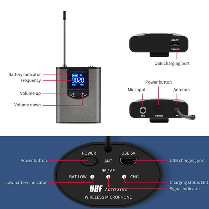 Micrófono inalámbrico portátil UHF de 1/4 pulgadas de salida para enseñar discurso Lavalier/micrófono de auriculares con transmisor y receptor