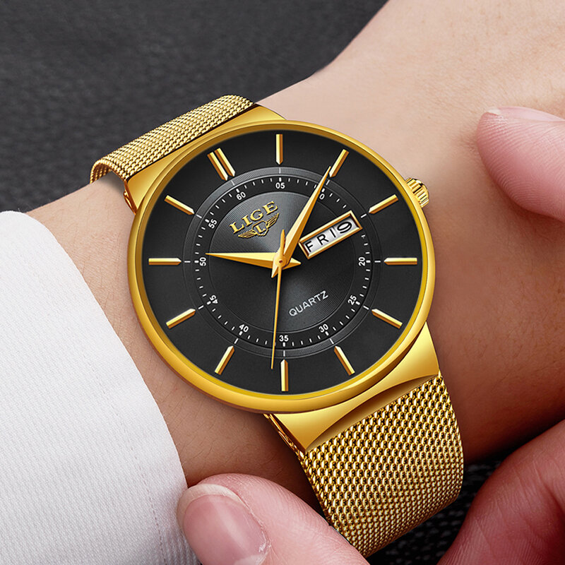 Relogio Masculino 2023 LIGE nowe męskie zegarki Top marka luksusowe Ultra cienki zegarek kwarcowy mężczyźni siatka stalowa pasek wodoodporny złoty zegarek