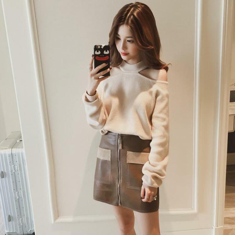 2024 Spring New Korean Style Strapless Halter Solid Color Sweater Women Long Sleeve Women Sweaters And Pullovers Free Shipping