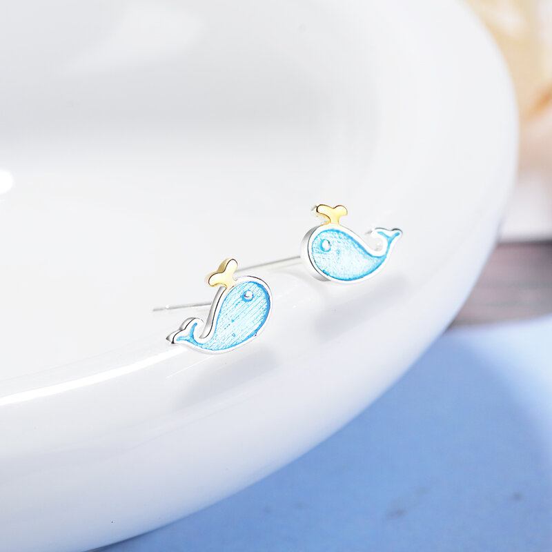 Cute Little Blue Whale Earrings 925 Sterling Silver Marine Animal Earrings For Women Girl Gift Boucle D'oreille S-e646