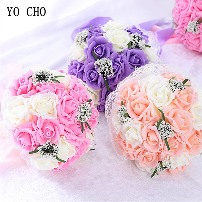 YO CHO Buket Pernikahan Pengiring Pengantin Buatan PE Bunga Mawar Palsu Mutiara Buket Merah Muda Perlengkapan Pernikahan Dekorasi Festival