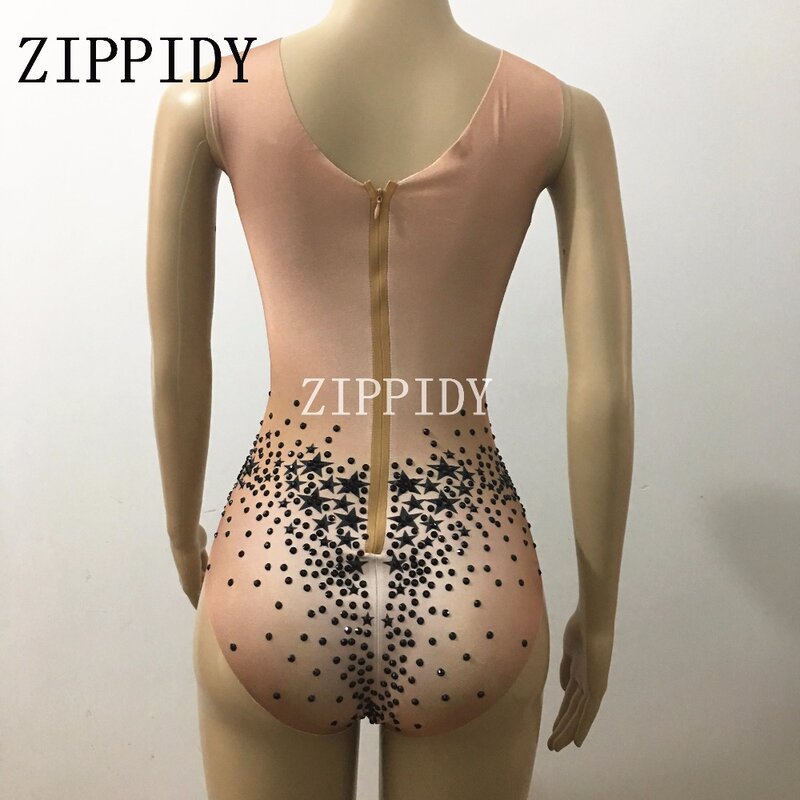 แฟชั่นเซ็กซี่ยืด Bodysuit Nude ผู้หญิงไนท์คลับสวมใส่ดาวคริสตัลบอดี้สูท Outerwear ชุดเต้นรำประสิทธิภาพ