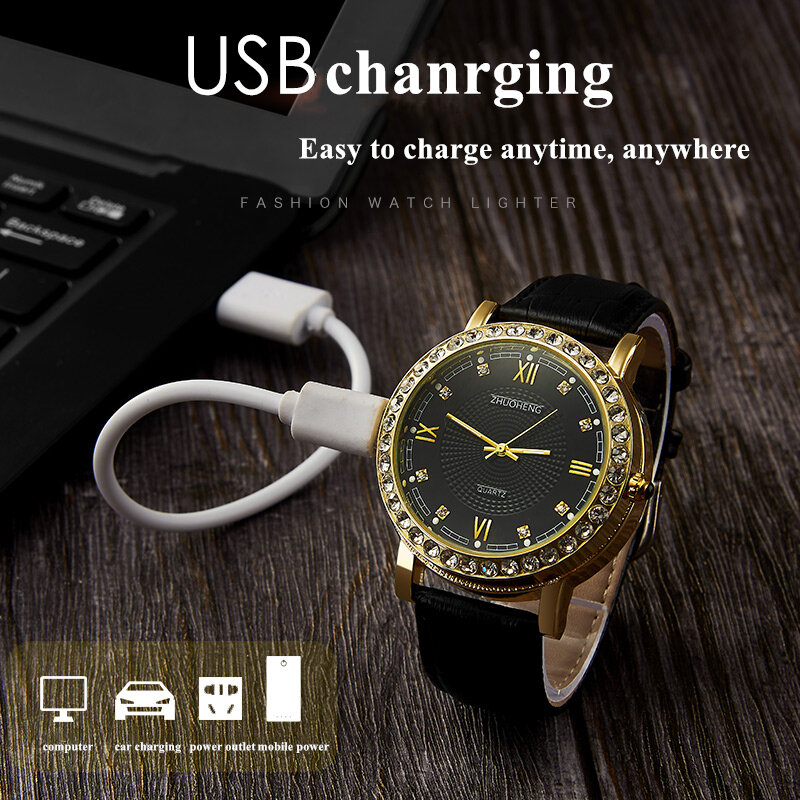 ولاعة السجائر ساعات رجالي ساعة كوارتز USB قابلة للشحن الفاخرة الماس الهاتفي عادية ساعات المعصم للرجال الذكور ساعة JH391-2